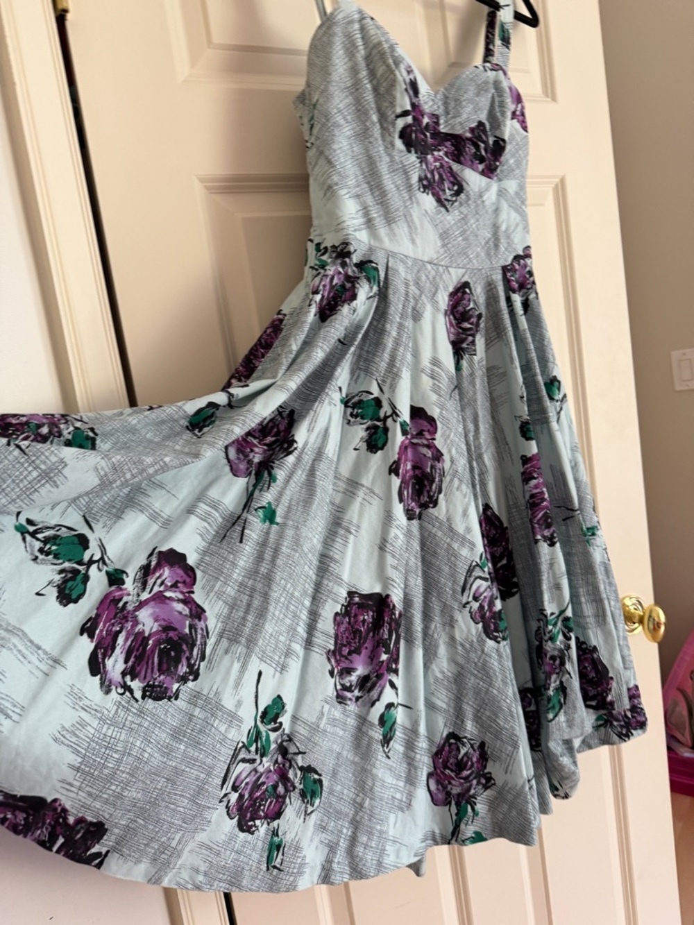 Retrospecd Floral Midi Dress in Stunning Light Blue with Purple Roses